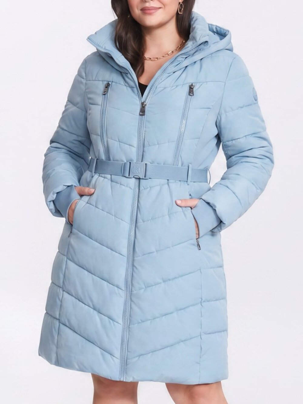 F.O.G. Functional Outdoor Gear Belted Puffer Jacket Chambray Blue with Hood Size